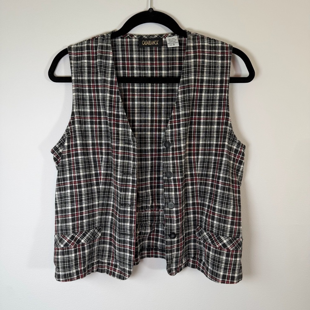 Vtg 90s Casablanca Linen Cotton Plaid Button Front Vest Grunge Academia M